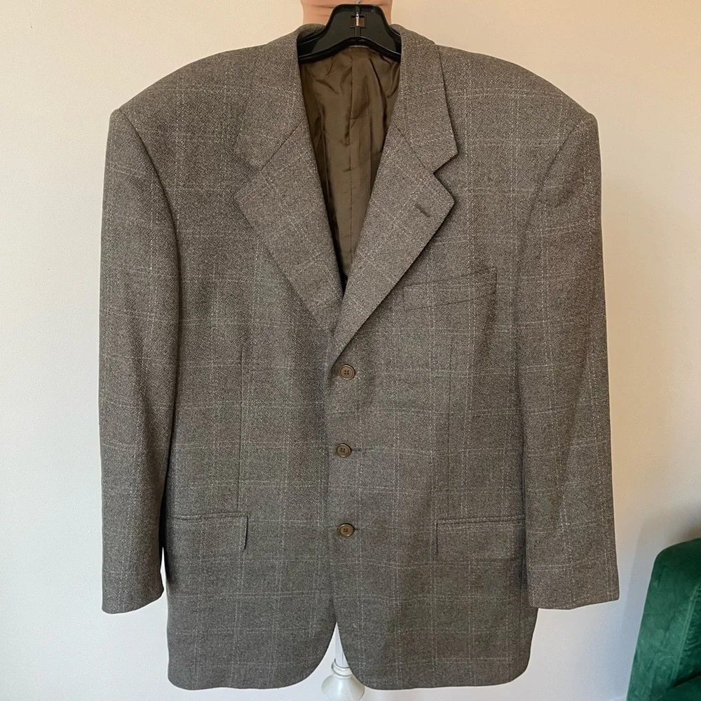 Ing. Loro Piana & C. Euromoda Wool Cashmere Gray Taupe Plaid Print Blazer Size M